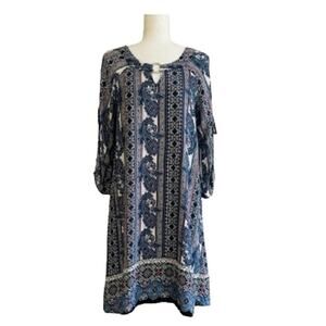 Naif Dress Blue White Paisley Mixed Print 3/4 Sleeve Tie Accent Boho Medium NEW
